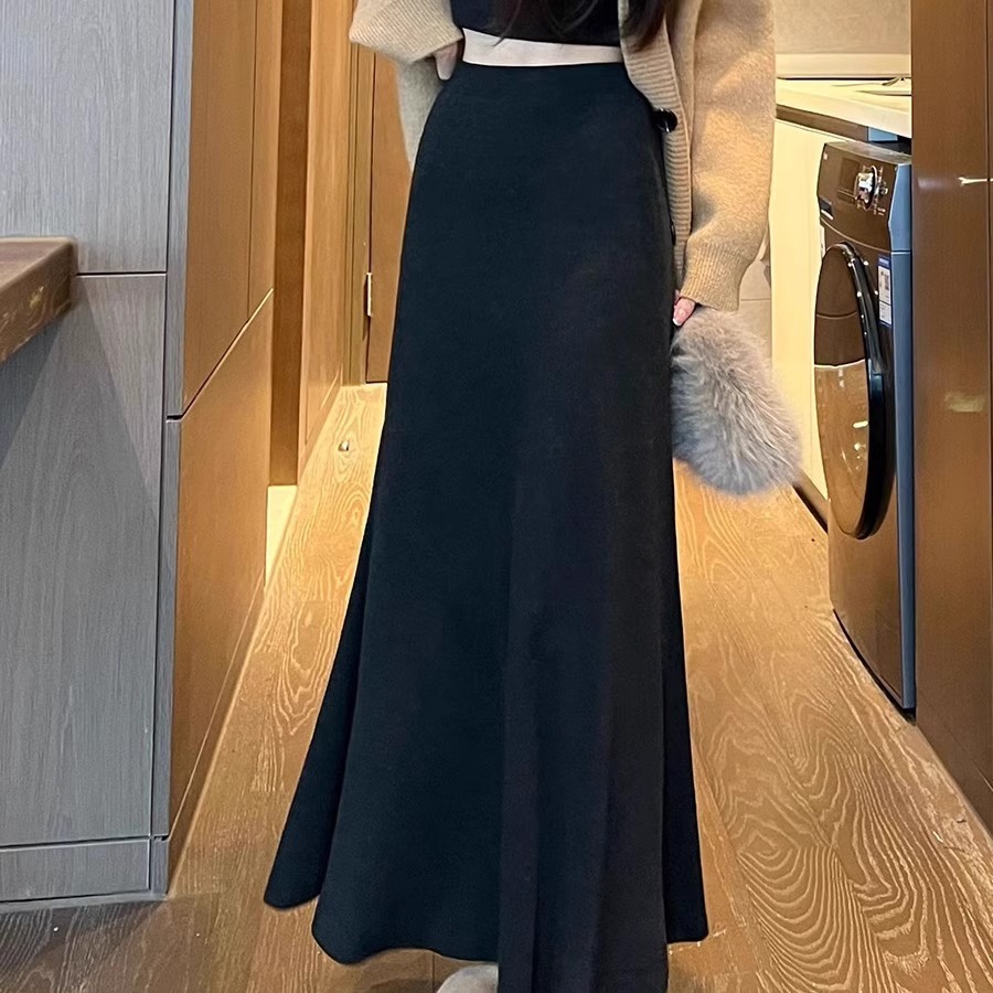 Relaxed High-Waisted Wool-Blend Mermaid Maxi Skirt – Flowy A-Line Long Skirt With Stretchy Waist, Dark Grey/Black, One Size Fits Most_ecoleips.com