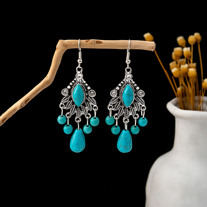 1 Pair Casual Retro Geometric Beaded Alloy Turquoise Drop Earrings display picture 5