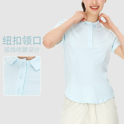 Year Spring and Summer Polo Collar Top Button Arc Shape Sport Yoga Short Sleeve T-Shirt Elastic Fitness Yoga