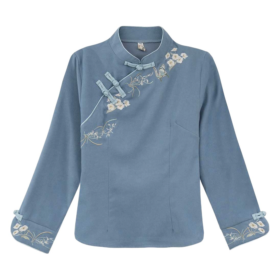 Вышитые Тан костюм стоять воротник Slim-Fit с длинным рукавом Vintage Top