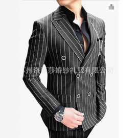 英伦商务休闲商务纯色条纹西服三件套男青年修身双排扣条纹西装男