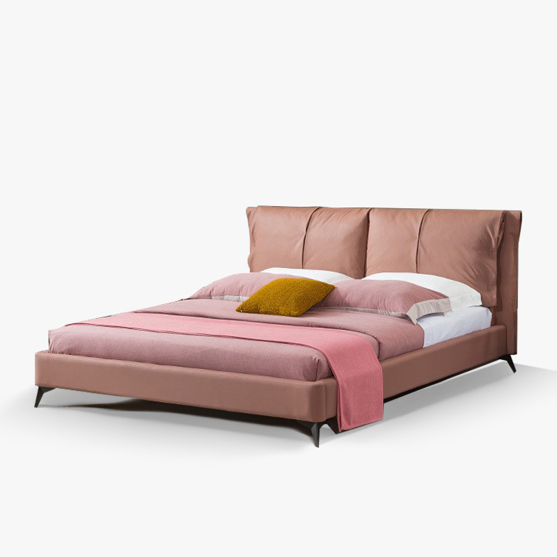 Minimalist Pink Children's Genuine Leather Bed with High-Pressure Gas Box, Simple Master Bedroom Down Feather Soft Bag Double 1.8 Genuine Leather Bed