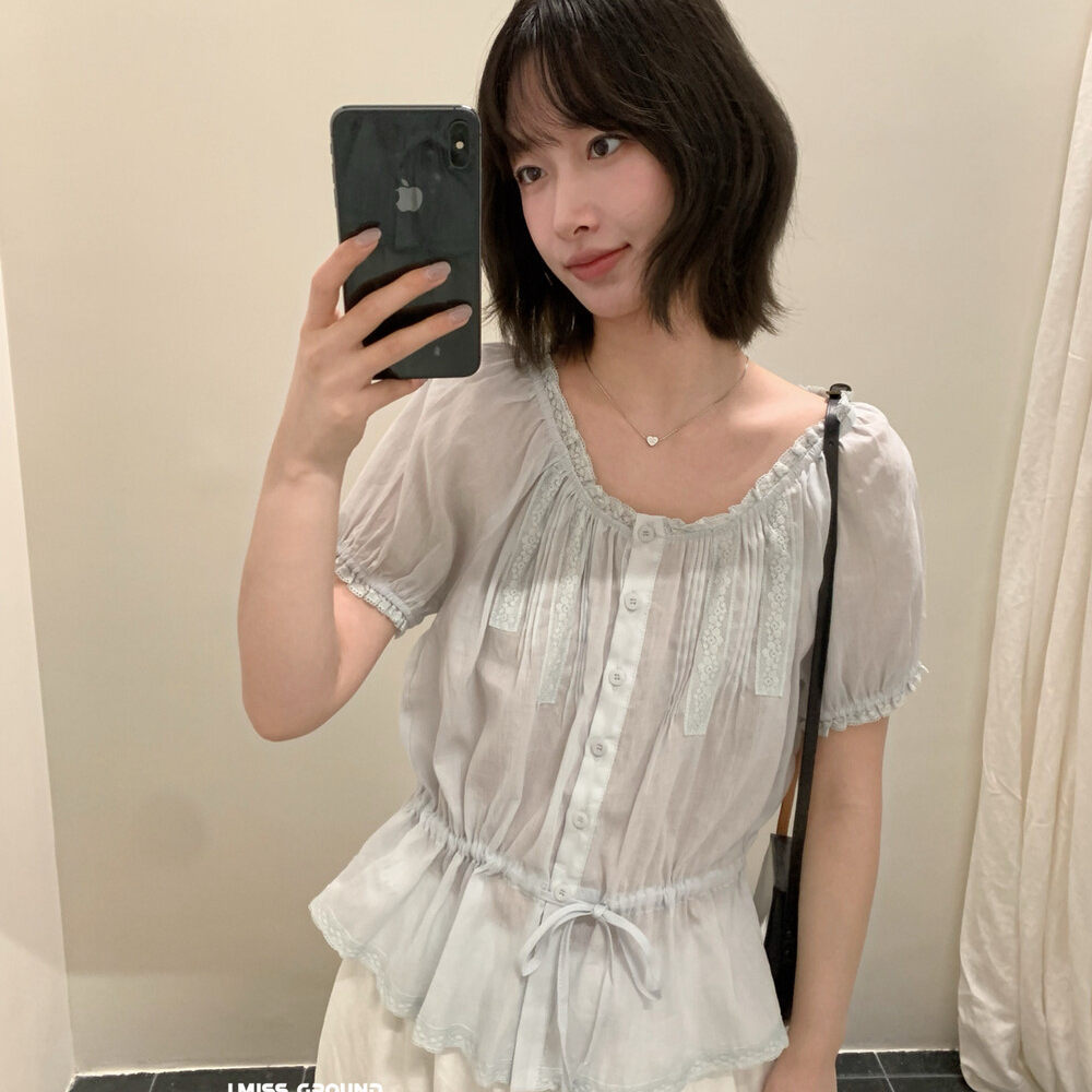 Áo sơ mi nữ tay bồng ren cotton linen thắt eo 2026 — Xanh nước biển, màu trắng, Bột cam