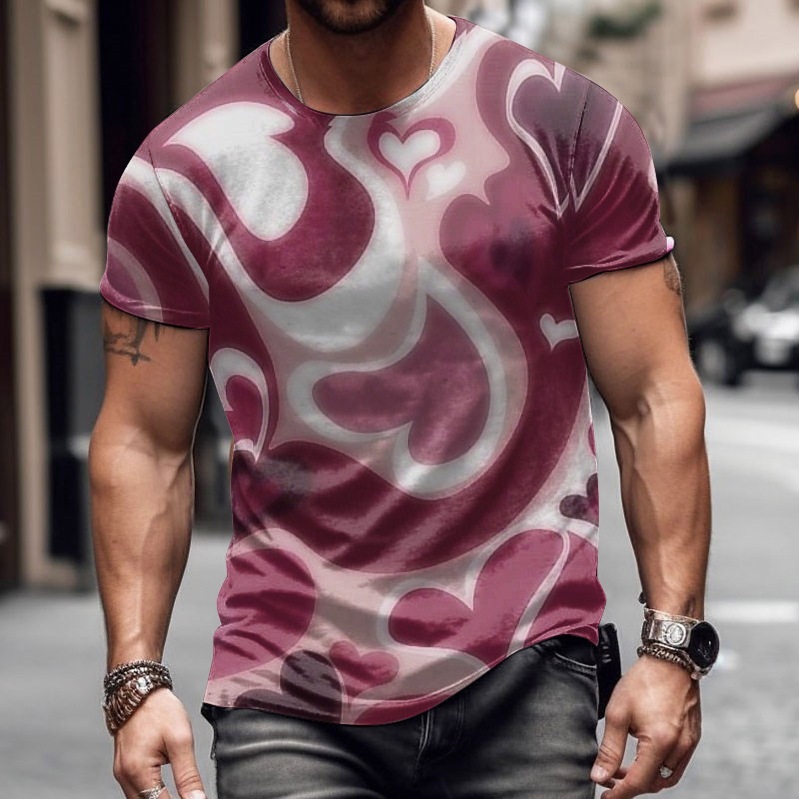 Moda romántica Día de San Valentín colorido amor 3D cepillado lleno de impresión de los hombres calle alta suelta transpirable camiseta de manga corta en stock