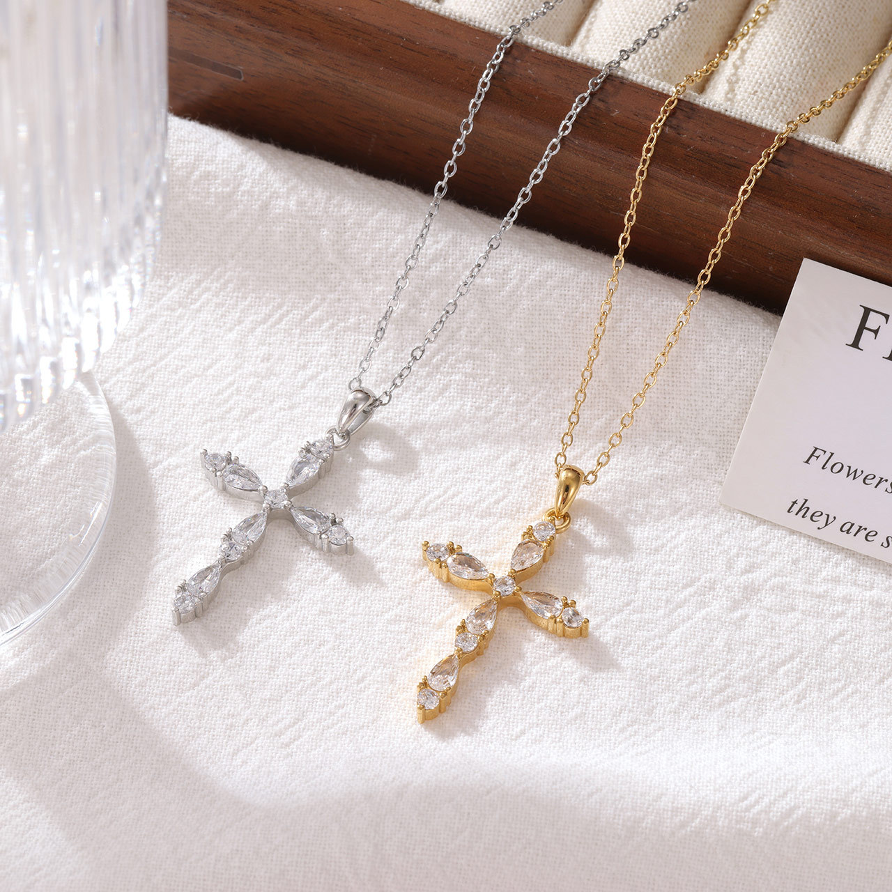 European and American Cross-border Jewelry Personality Niche Hip-hop Cross Shining Water Drop Zircon Pendant Clavicle Chain Necklace for Men and Women