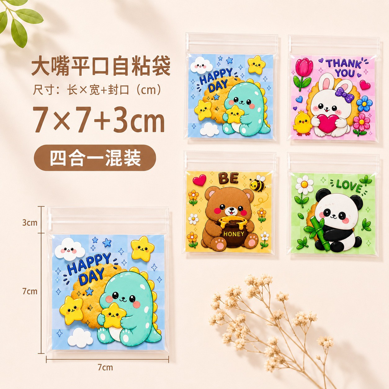Bolsa autoadhesiva de dibujos animados para hornear embalaje bolsa de autosellado bolsa de galletas bolsa de bocadillos bolsa de dulces 7*7 + 3/100 piezas