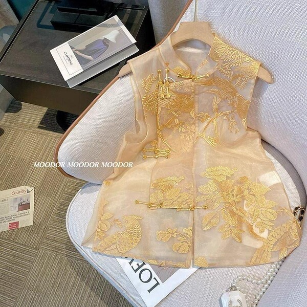 2026 Spring New Chinese Style Women's Vest Fashionable Elegant Heavy Embroidery Stand Collar Organza Retro Traditional Top