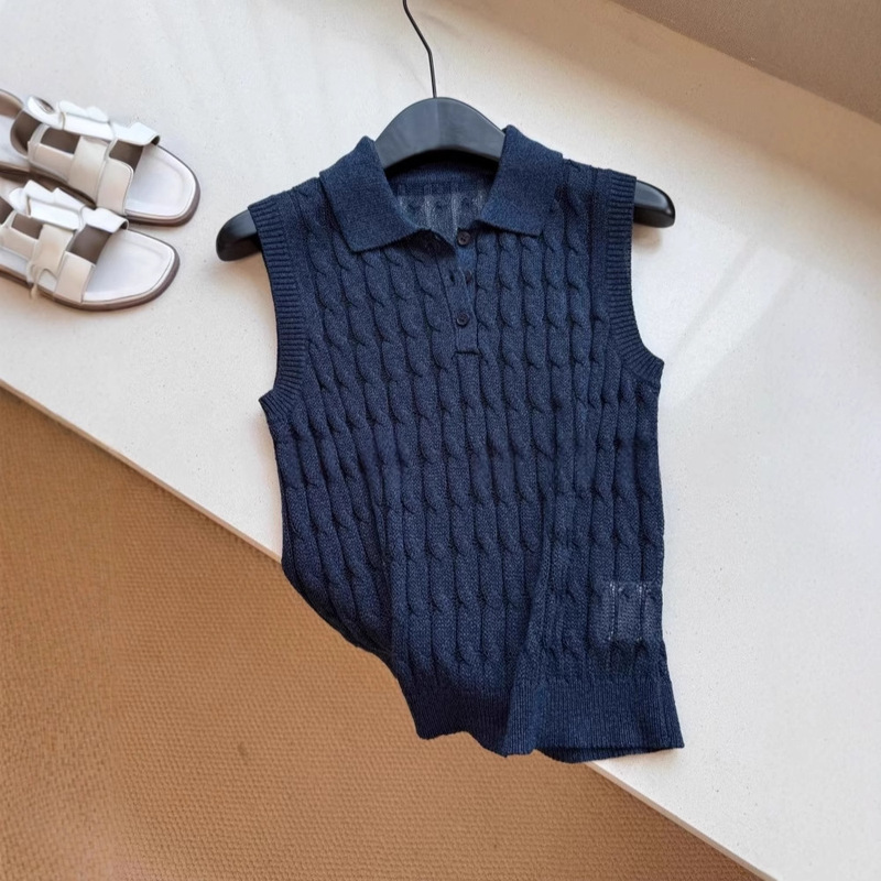 Retro Navy Blue Polo Collar Twist Knitted Vest for Women Summer New Style High-End Sleeveless Vest Top