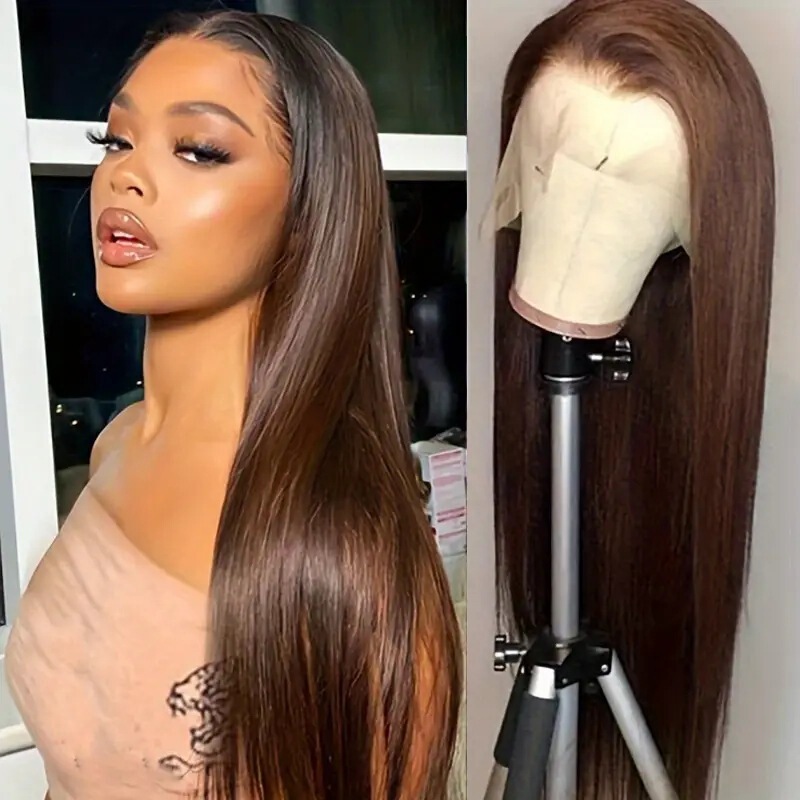 Front Lace Long Straight Hair Wig, Dark Brown Middle-Parted Stylish Straight Hair Wig for Women, Smooth Full Head Wig Front Lace Long Straight Hair Wig, Dark Brown Middle-Parted Stylish Straight Hair Wig for Women, Smooth Full Head Wig
