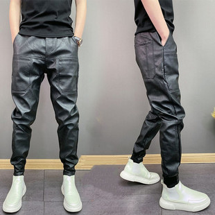 Autumn and winter men's trendy elastic PU leather pants windproof waterproof six pocket solid color ruffian handsome toe casual pants