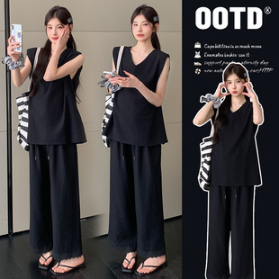 Actual Shot of 2025 Summer Pregnant Women's Sleeveless Lazy Loose Top + Black Lace Casual Straight Wide-Leg Pants Suit