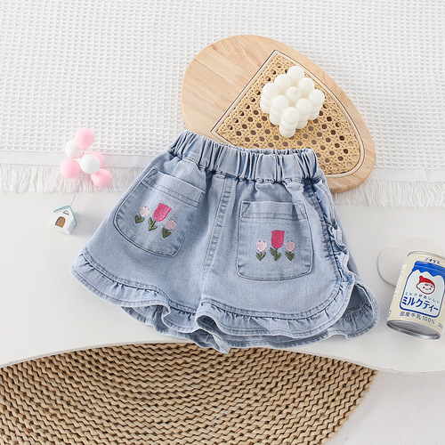 Baby Girl Summer Casual Outwear Matching Soft Denim Short Pants Summer Korean Version New Flower Bud Elastic Denim Shorts