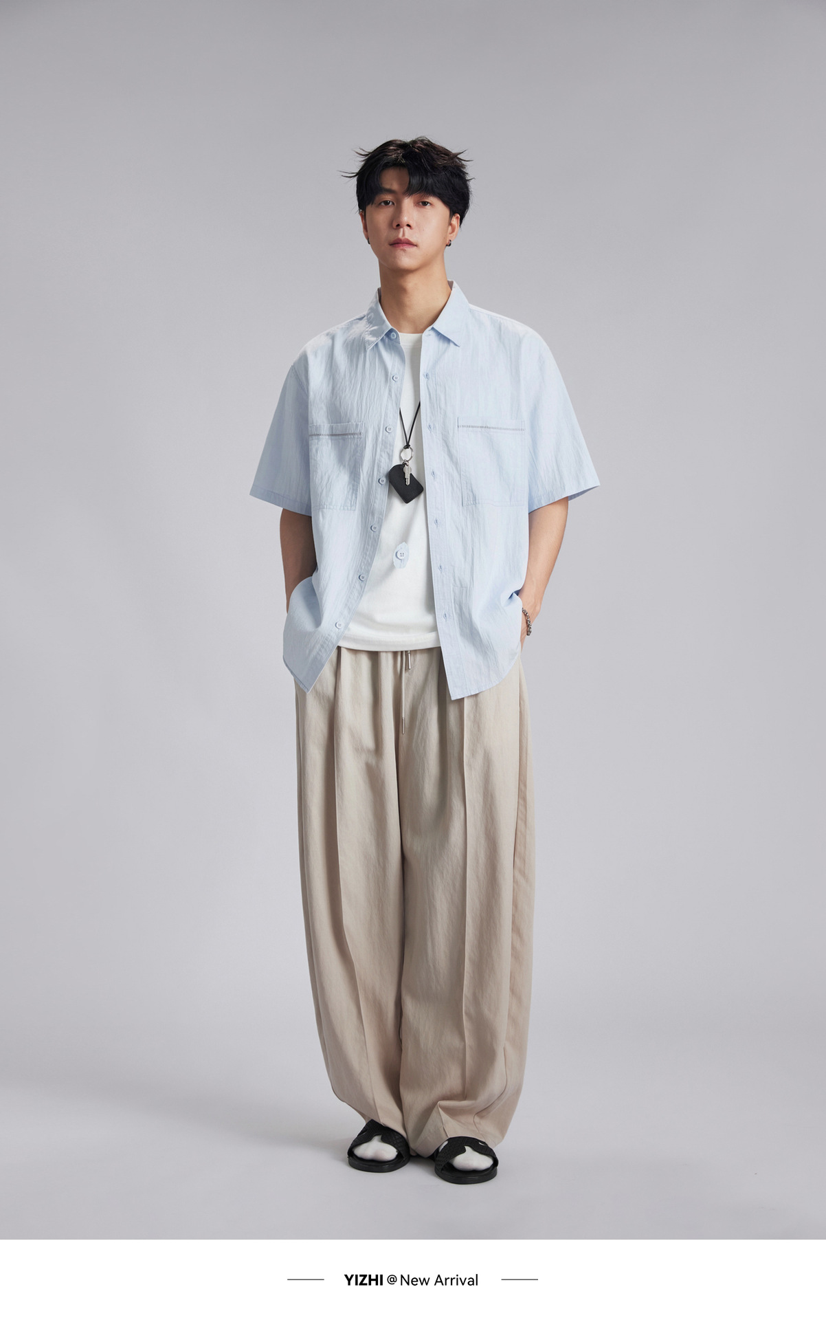 Áo sơ mi nam ngắn tay mỏng nhẹ cổ bẻ phong cách casual — màu xanh nhạt chi tiết 8