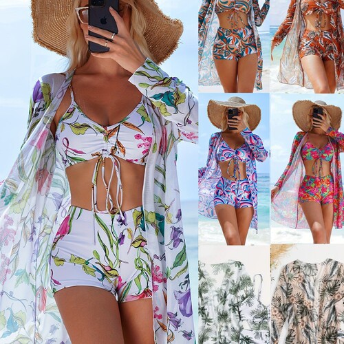 Bikini triangle bottom three-piece swimsuit for women