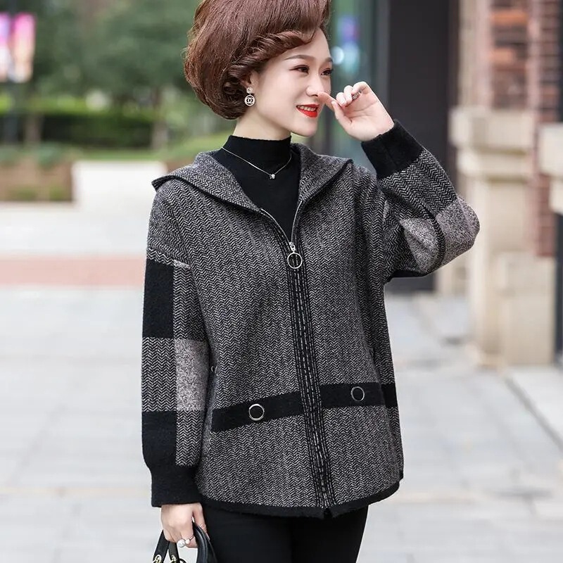 Fat Mom Autumn and Winter Double-Sided Velvet Hooded Tops Middle-Aged and Elderly Spring and Autumn Plus Fat Temperament Sweater Zipper Top Fat Mom Autumn and Winter Double-Sided Velvet Hooded Tops Middle-Aged and Elderly Spring and Autumn Plus Fat Temperament Sweater Zipper Top