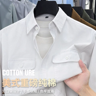 双口袋工装风衬衫男美式纯棉长袖衬衫男衬衣春秋纯色休闲男装外套
