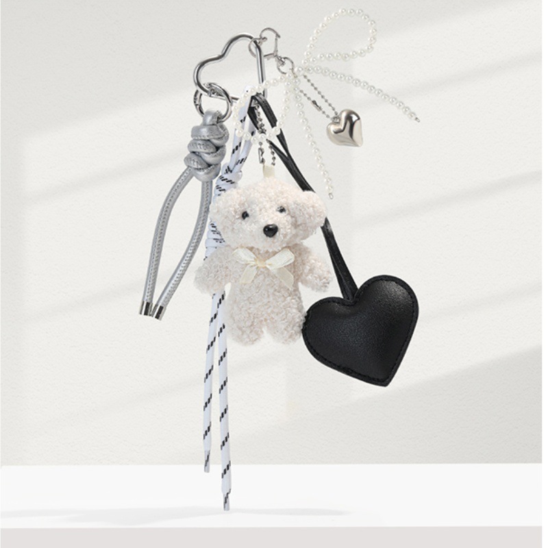 Corazón encantador de una niña pequeña oso blanco perlas de plata bolsos colgantes de arco de cuero amor colgantes de llaveros de aspecto super