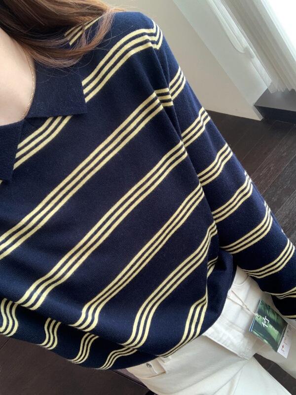 元气减龄 老钱感条纹衫翻领显瘦针织毛衣女25秋冬新款K3325L|undefined
