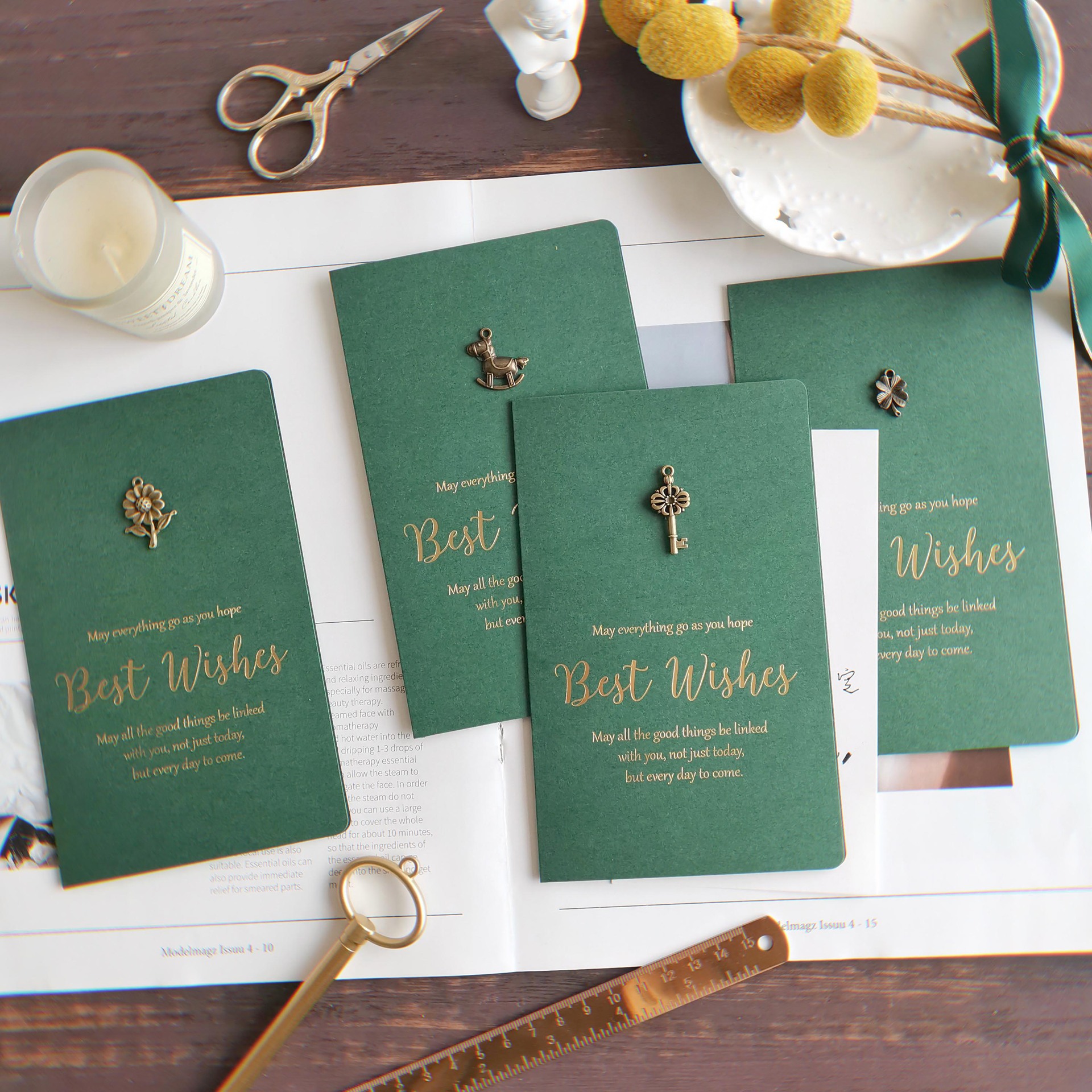 綠色森系複古燙金創意銅飾生日卡片感謝感恩520父親節商務賀卡