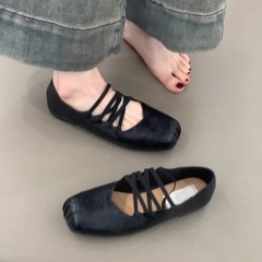 ランガバージョン~レトロクロスストラップフラットシューズスクエアトゥ豚鼻バレエシューズレディース浅口メリージェーンシューズ