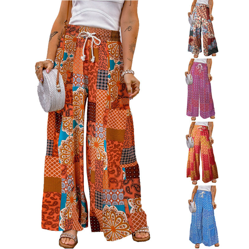 2025 European and American New Floral Casual Pants Long Pants Loose Amazon Cross-Border Export Floral Color Matching Casual Pants