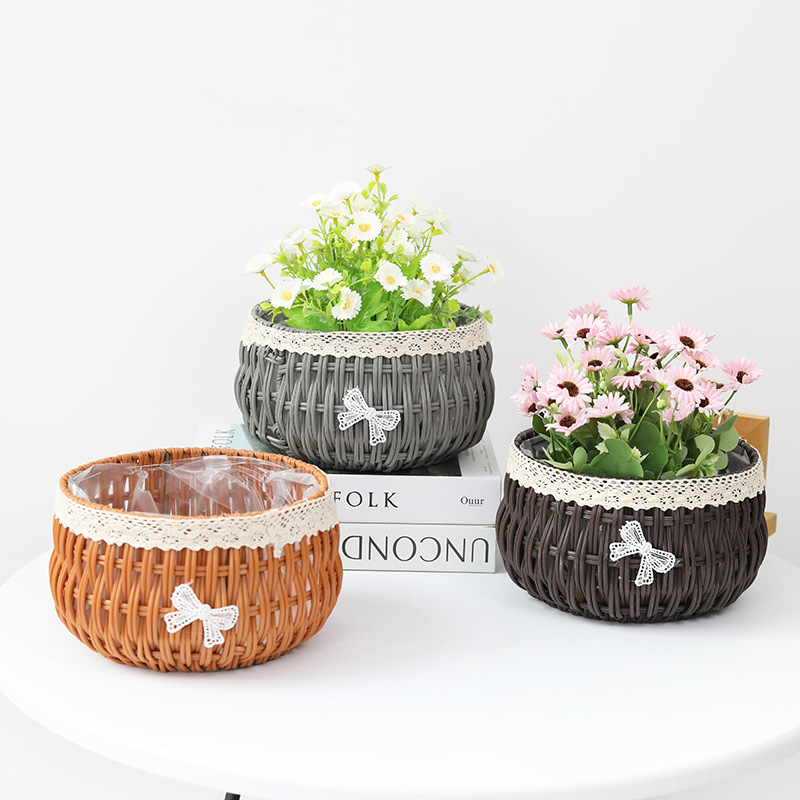 仿藤編編織花籃多肉蝴蝶蘭綠蘿專用花盆田園創意花藝鮮花插花籃子