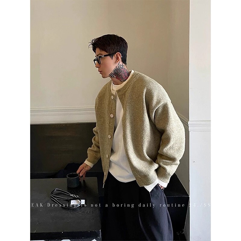 Green Double-Collar Sweater Cardigan Jacket Men's Autumn Wear American Trendy Brand High-End Fake Two-Piece Knitwear