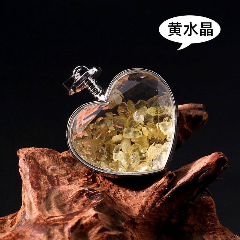 D65天然石吊坠爱心幸运瓶紫水晶粉晶吊坠许愿瓶天然石碎石瓶项链|undefined