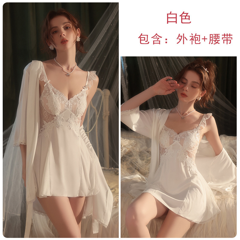 瑰若丝滑缎面低胸聚拢加胸垫吊带飞袖睡裙外袍女家居服套装M5868|undefined