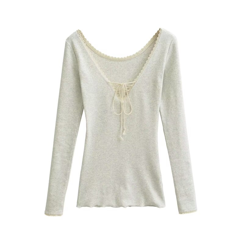 Korean-Style Off-Shoulder Lace-Up Long-Sleeve T-Shirt for Women, New Spring Slim-Fit Gray-White Base Layer Top Korean-Style Off-Shoulder Lace-Up Long-Sleeve T-Shirt for Women, New Spring Slim-Fit Gray-White Base Layer Top