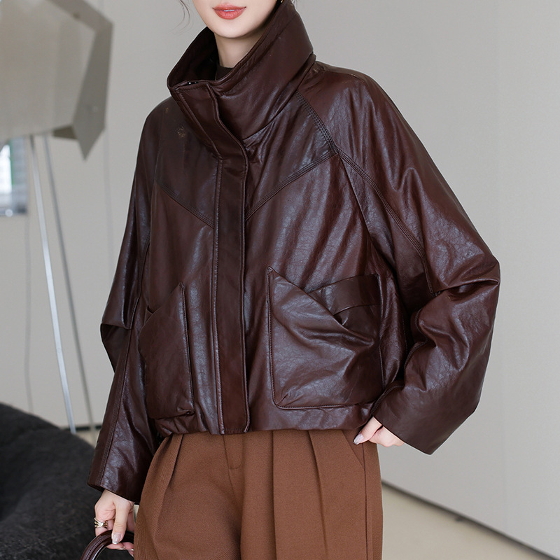 Haining Classy Seamless down Jacket Women's Oil Wax Goatskin Leather Jacket Classy Loose Short down Leather Jacket Thick Protection