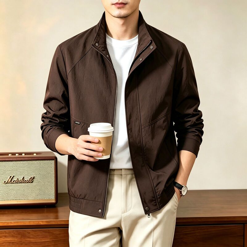 2026 Spring/Autumn New Men's Mid-Age Zipper Stand Collar Simple Casual Solid Color Long Sleeve Jacket