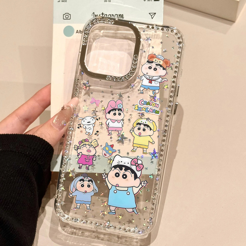 Sanrio Headgear Shin-Chan Compatible iPhone Case for Apple 17, Laser 16, Sparkling Diamond Stars 14, Cute 15, Adorable 13