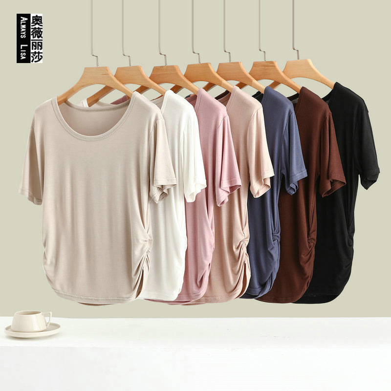 Modal Design Sense Tight Waist Slim-fit Short-sleeved T-shirt Women's Comfortable All-match Casual Top Round Neck Yoga Dance Clothes