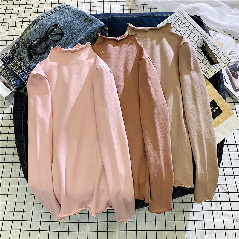 2026 Autumn New Half-Turtleneck Solid Color Long-Sleeve T-Shirt for Women, Slim Fit, Versatile Base Shirt for Students, Trendy on Instagram