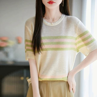 2025年夏季新款精纺羊毛圆领针织衫短袖T恤女彩色条纹套头打底衫