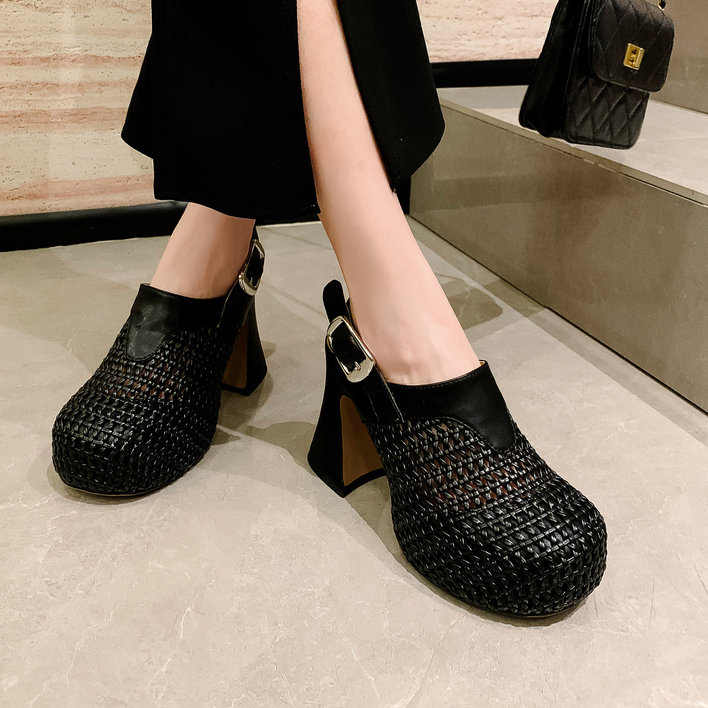 Sandal cao gót nữ đế xuồng platform dệt kim vàng, gót 10 cm, phong cách La Mã — Màu đen, Màu vàng, Màu bạc