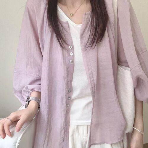 French-style gentle lilac silk-linen sun protection shirt for women, summer thin model, outerwear, loose bell sleeve blouses and coats