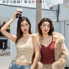 爆款蕾丝吊带背心女带胸垫甜辣修身内搭保暖一体绒打底上衣可外穿