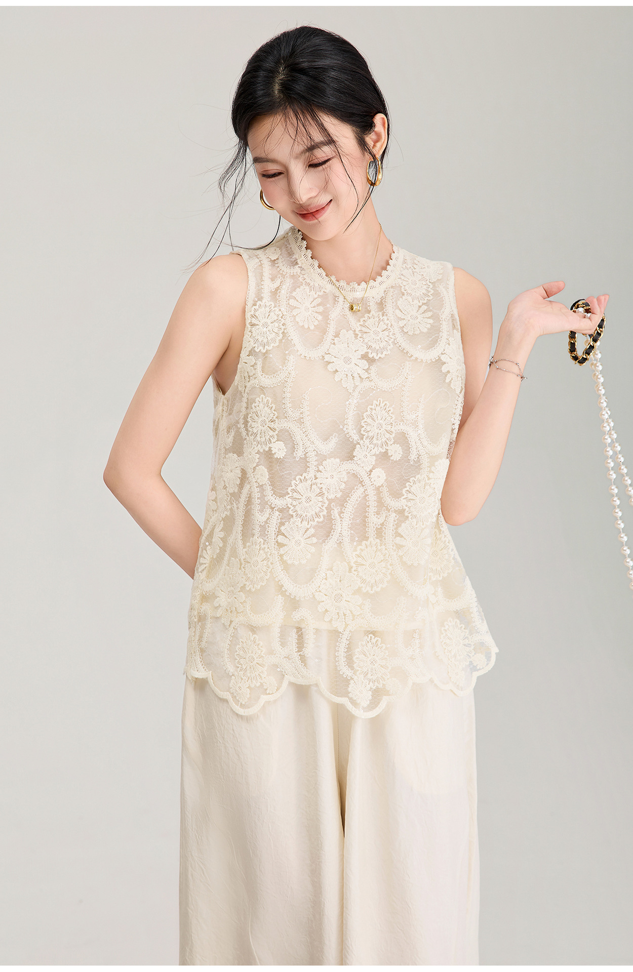 Áo hai dây ren thêu sequin cổ tây không tay mùa hè — màu mơ chi tiết 2