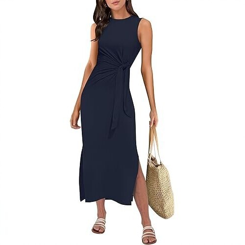 2026 Summer New Sleeveless Tie-Waist Slit Mid-Length Dress Slim Fit Solid Color European and American Style Women's Clothing