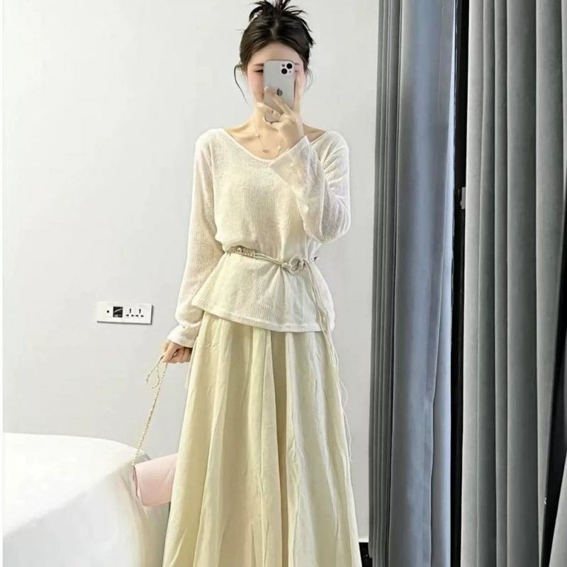 Легкая модная одежда больших размеров весной и летом, женственная свободная солнцезащитная блузка с длинными рукавами, юбка с высокой талией, костюм-двойка