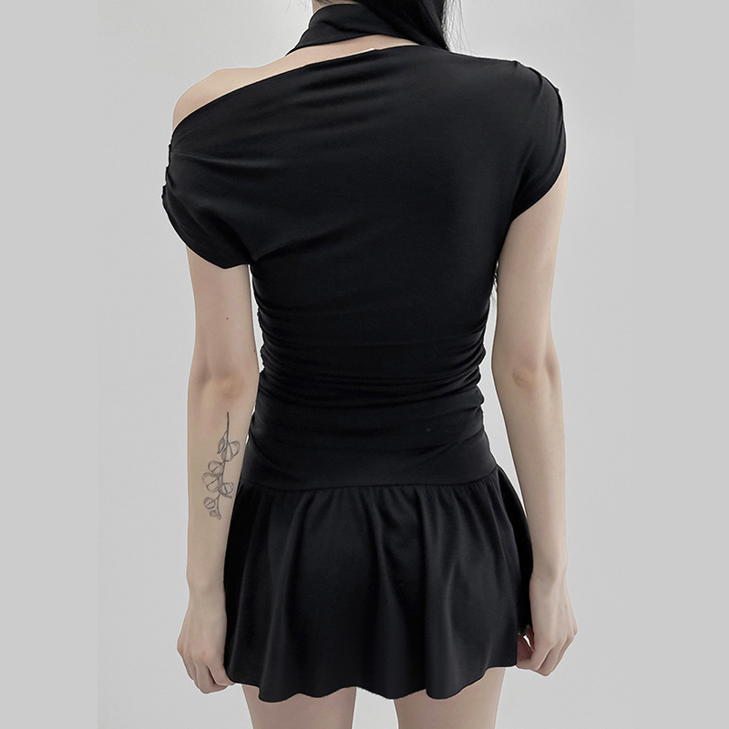 Sexy Drawstring Lace Pleated Waist Tight Slimming Irregular Asymmetric Dress Multiple Wear off the Shoulder Slim Fit