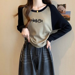 大码美式复古插肩袖t恤女秋装胖mm减龄显瘦别致抽绳打底针织上衣
