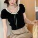 Design Sense Tie Bow Round Neck Short-sleeved T-shirt Women's Summer Wear Design Sense Hollow Short Knitted Top