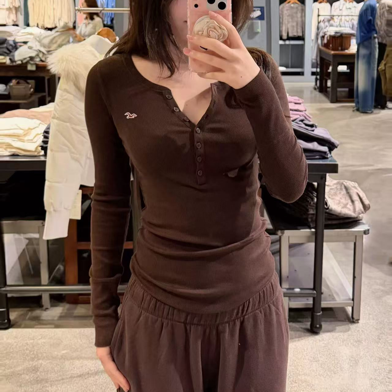 Little Seagull Henry Shirt 2025 New Slim Fit Slim Knitted Sweater Long Sleeve Buttoned T-Shirt Bottoming Top for Women