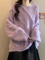 大码女装胖mm宽松慵懒紫色毛衣上衣秋季2025新款遮肚毛针织衫