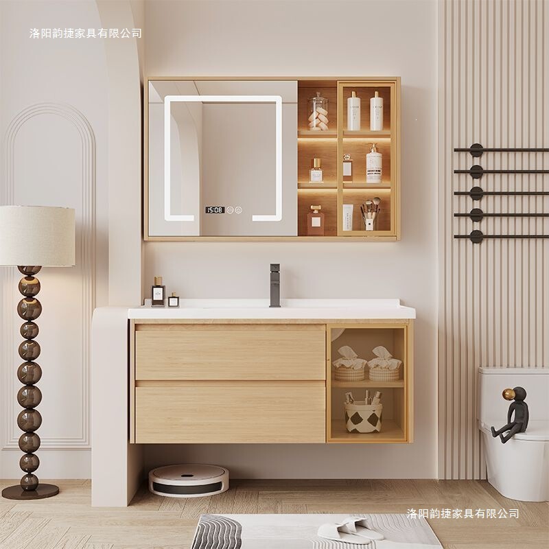 Bathroom Sink Cabinet Set with Solid Wood Washbasin, Natural Wood Color, Integrated Ceramic Basin