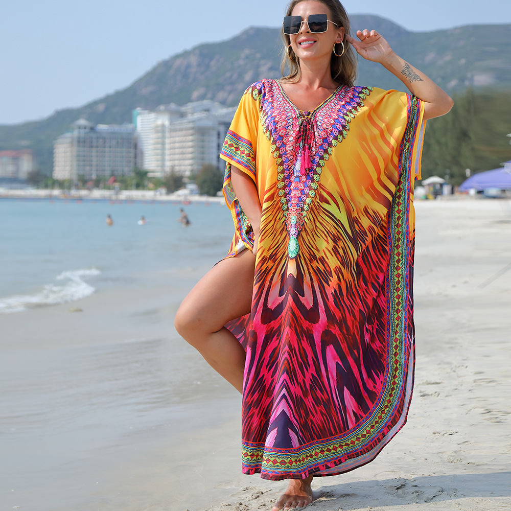 Blusa de playa transfronteriza europea y americana tela de secado rápido estilo étnico Vestido de playa vestido de fiesta bikini blusa 5D44