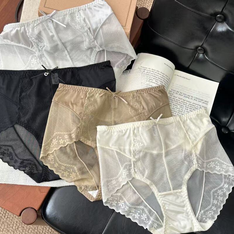 Light Luxury French-Style Soft Lace Sexy Satin Panties, Breathable Mid-High Waist Large Size Briefs